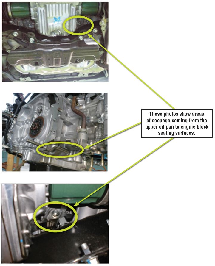 areas of seepage coming from the upper oil pan to engine block sealing surfaces