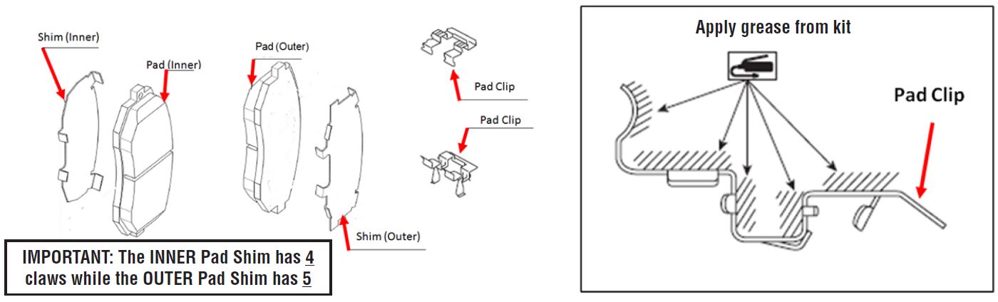 The INNER Pad Shim has 4 claws while the OUTER Pad Shim has 5