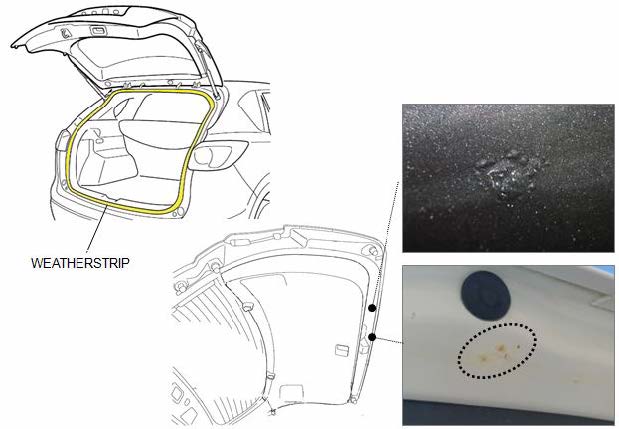 rust or blistering on the inner side of the liftgate/trunk lid