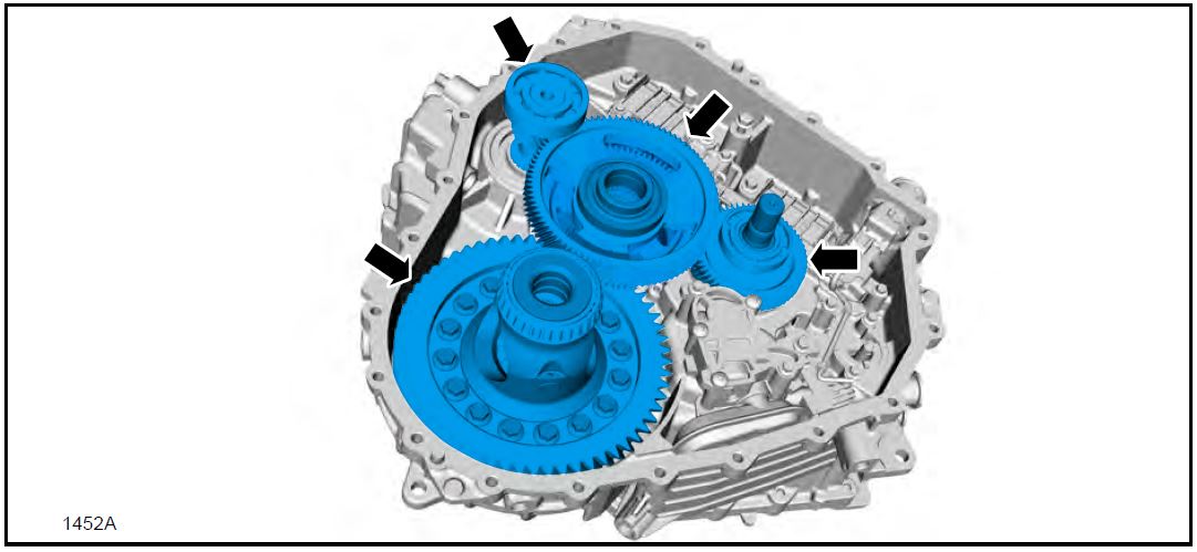 transfer shaft gear assembly, traction motor drive gear assembly, final drive input gear assembly, and the differential carrier gear assembly