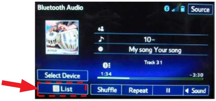 “LIST” soft touch key is not displayed on Bluetooth Audio screen while using Bluetooth audio feature with an Apple device utilizing iOS8 software version