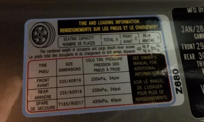 vehicle’s tire placard label