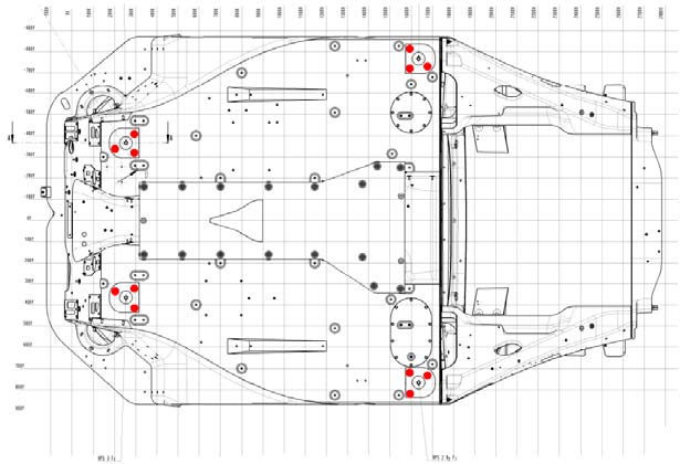 View from the bottom of the car, Schematic position of the fastening holes on all RPS