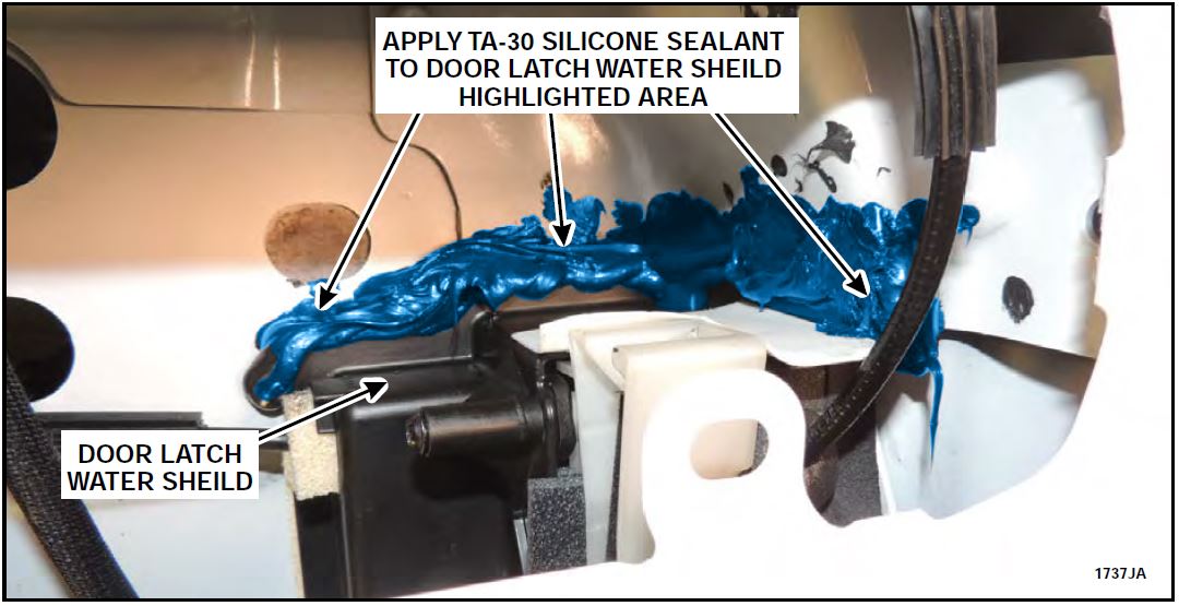 APPLY TA-30 SILICONE SEALANT TO DOOR LATCH WATER SHEILD HIGHLIGHTED AREA
