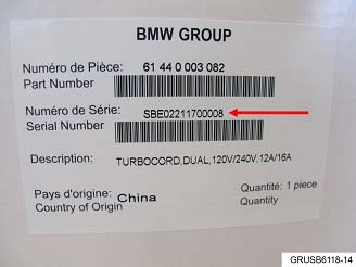 Serial number location on the product label placed on the TurboCord Charger shipping box