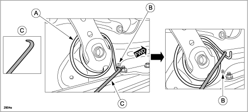 rear balance spring (A) pin (B) tool with a hooked end (C)