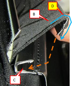 edge (D) of the tension cloth, <rear joint plate> (B), J hook (C)