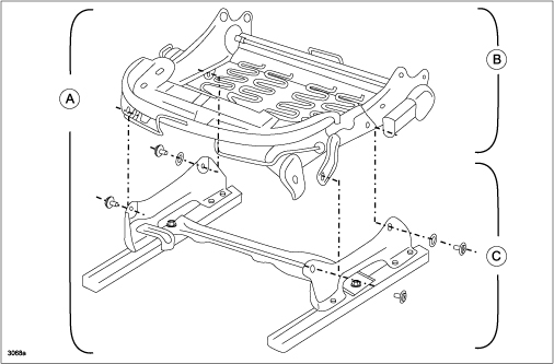 A - Seat Adjuster Unit, B - Seat Frame Cushion, C - Power Slide Unit (New Service Part)