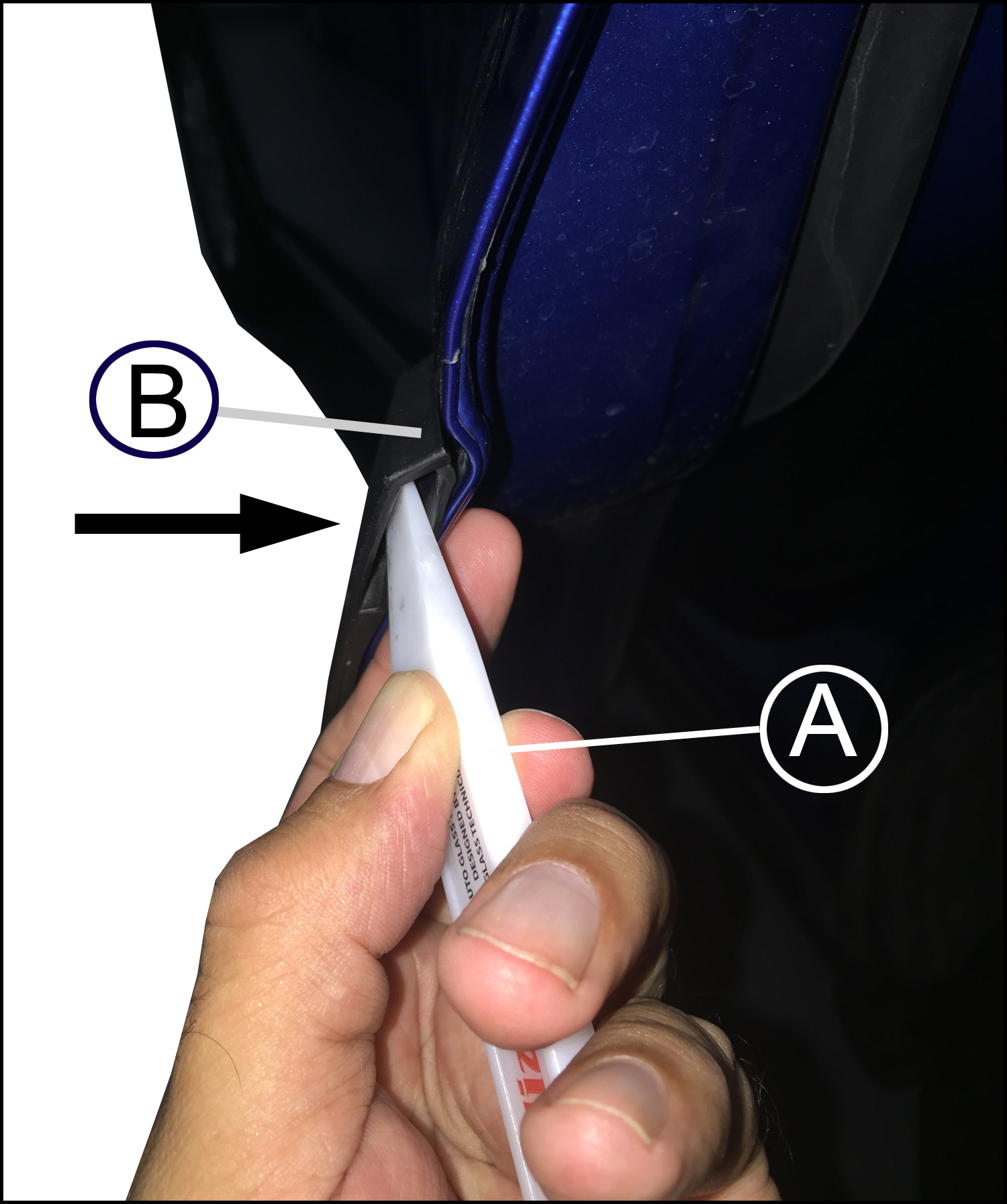  plastic trim and molding tool or equivalent (A) hollow part of the garnish (B)
