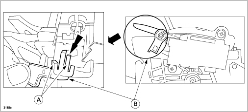 (2) two hooks (A), shift lock over-ride lever (B)