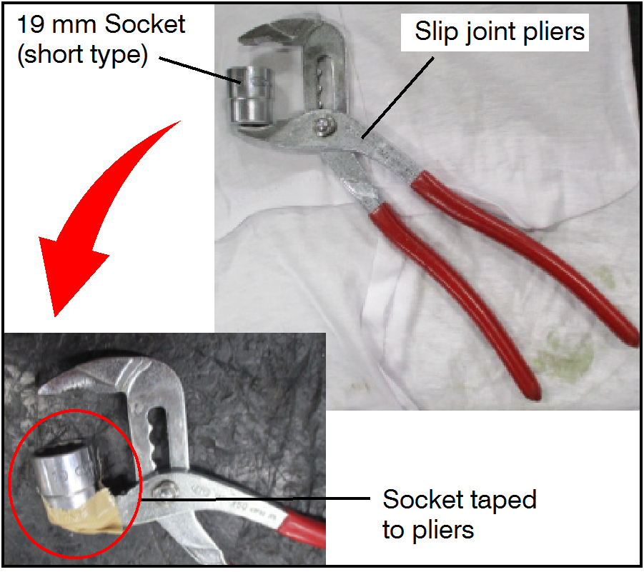 To prevent damage to the plastic case, improvise a tool using a 19 mm socket taped to slip joint pliers as shown