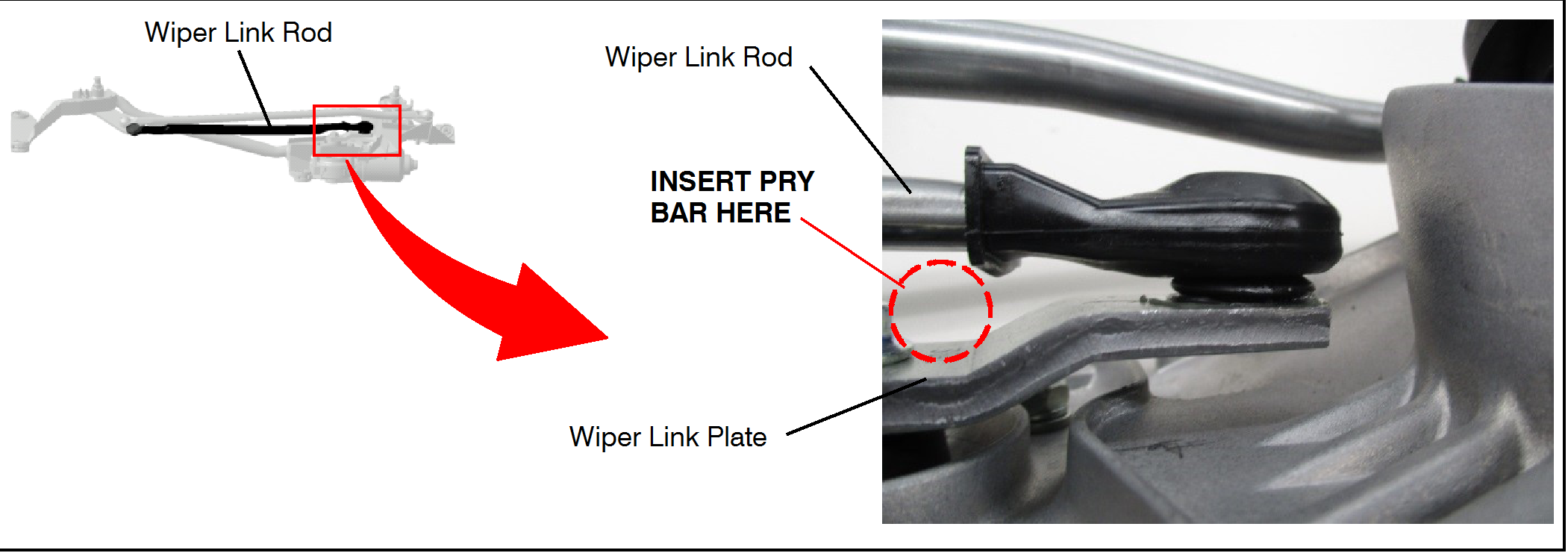 Use a pry bar or similar device to separate the wiper link rod from the wiper link plate
