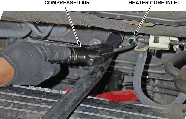 Apply compressed air into the heater core inlet