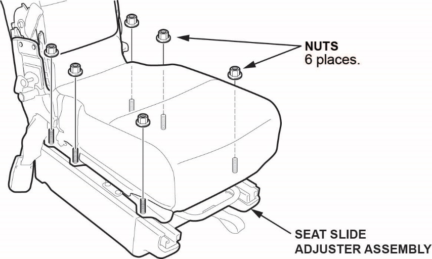 Remove the seat slide adjuster assembly by removing the 6 nuts