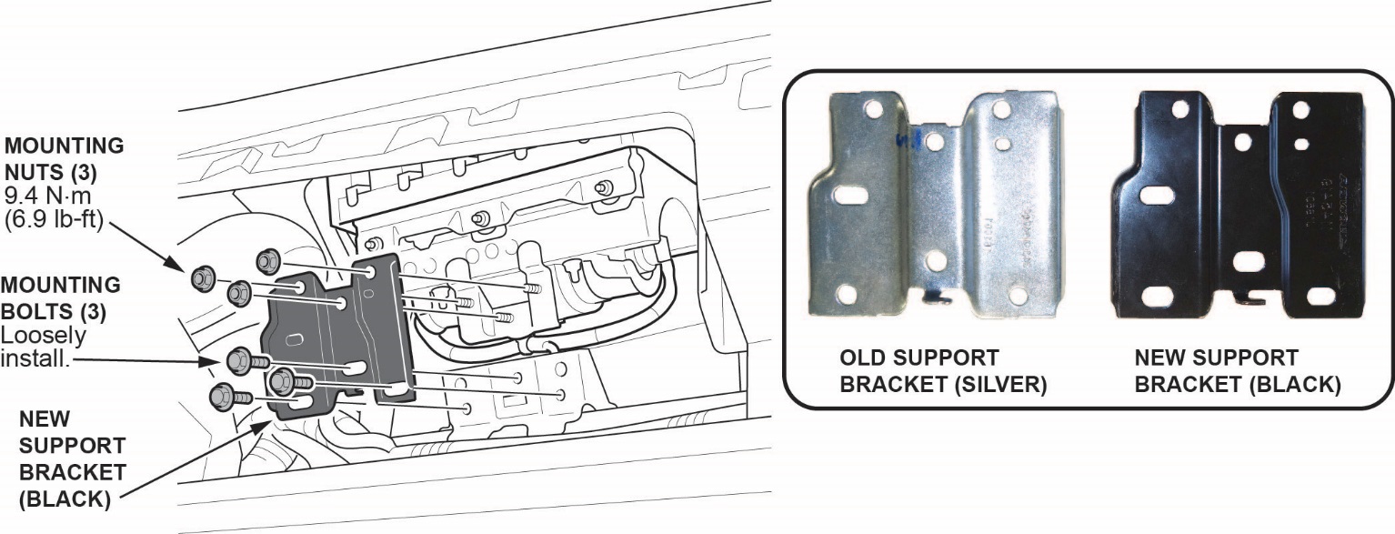 Install the new support bracket with the new mounting nuts