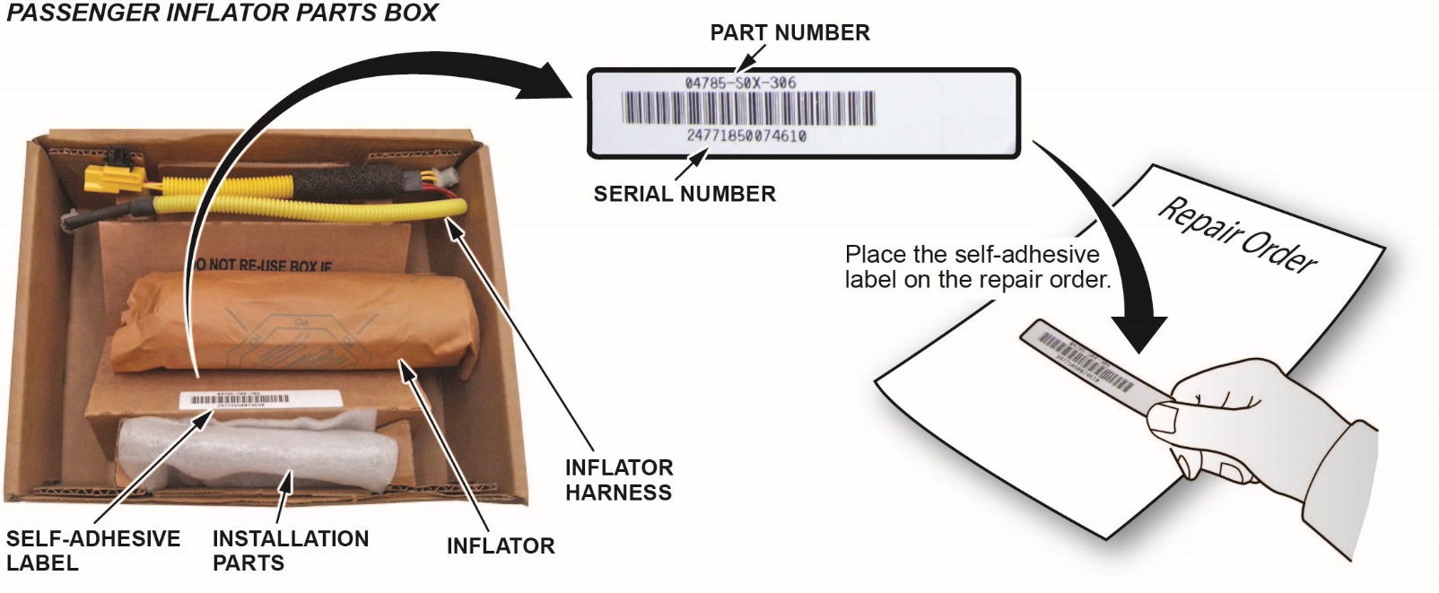 The replacement part number is printed on the top part of the label and the serial number is printed on the bottom