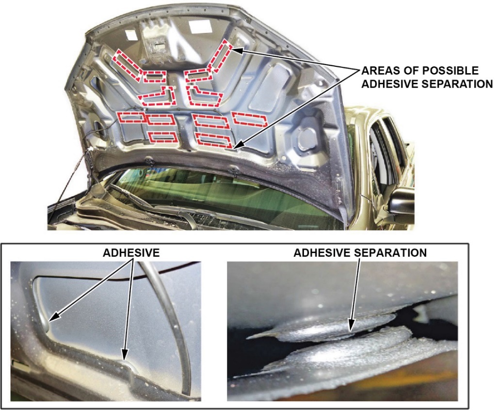 Inspect the areas shown designated with red boxes for adhesive separation