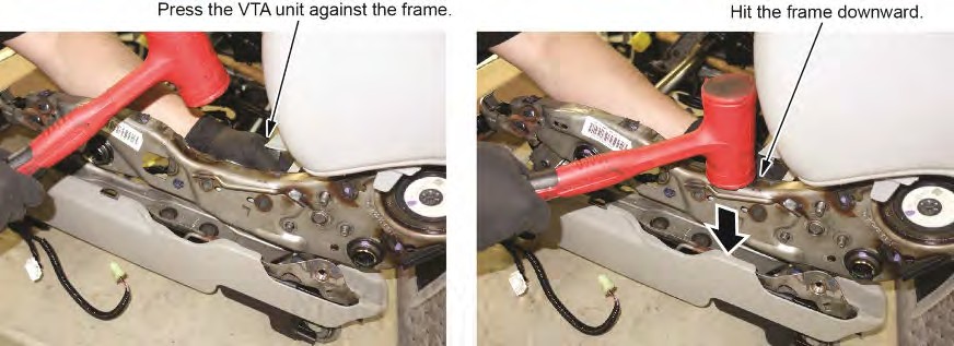 While applying pressure to keep the VTA unit against the seat frame, use a rubber mallet or plastic hammer to hit the frame downwards