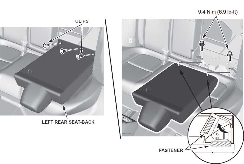 Fold down the left rear seat-back, release the fasteners, remove the bolts, then remove the left rear seat-back