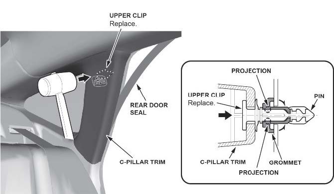 Hit the upper area of the C-pillar trim with a rubber mallet, and push the upper clip against the body