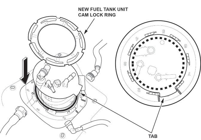 Line up the tab of the fuel tank unit