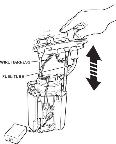 While compressing the fuel tank unit, make sure the movement is smooth and the fuel tube and wiring harness do not pinch or bind.