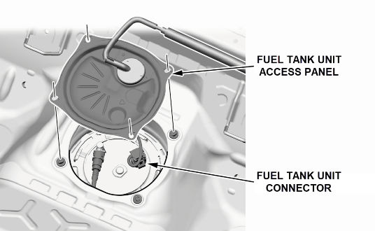 Remove the fuel tank unit access panel and connector