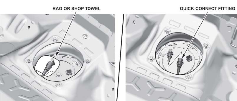 Place a rag or shop towel over the quick-connect fitting, and disconnect it