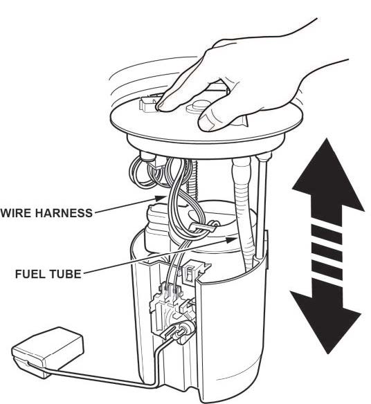 While compressing the fuel tank unit, make sure the movement is smooth and the fuel tube and wiring harness do not pinch or bind