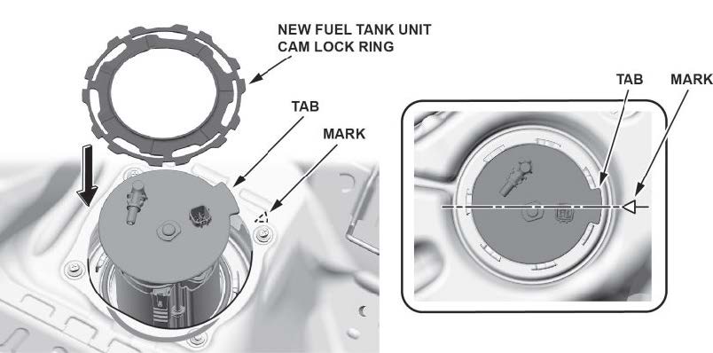 Line up the tab of the fuel tank unit as shown, and temporarily insert the new fuel tank unit cam lock ring
