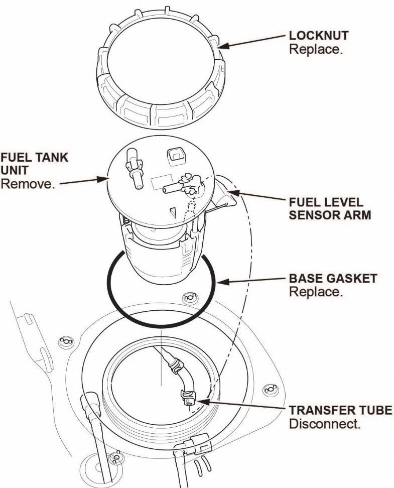 Lift the fuel tank unit, and disconnect the transfer tube