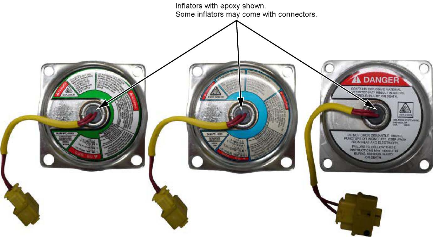 Some inflator harnesses may be connected to the inflator with a connector and not by epoxy as shown below