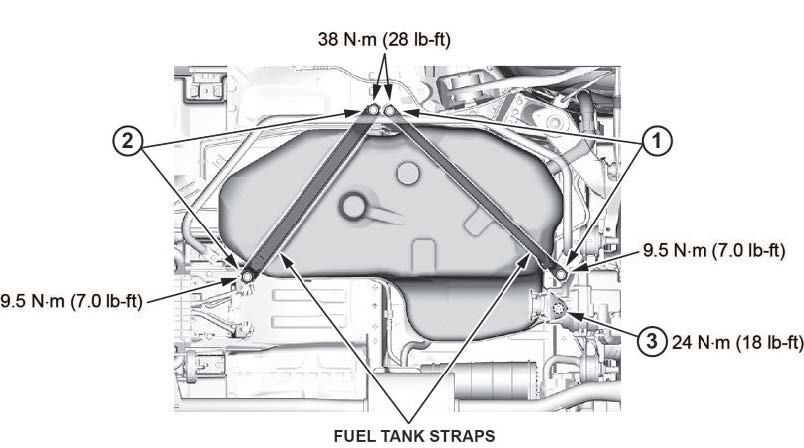 Install the new fuel tank; install the tank straps and bolts as shown