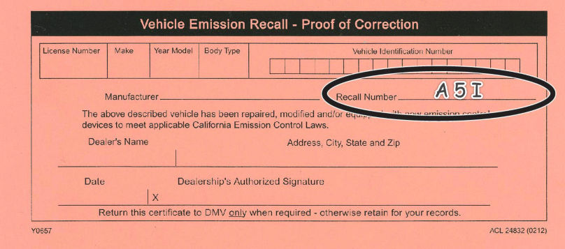 Vehicle Emissions Recall - Proof of Correction certificate