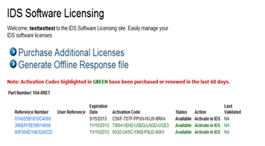  IDS Software Licensing Screen