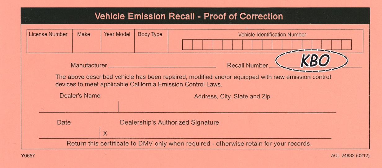 Vehicle Emissions Recall – Proof of Correction certificate KB0