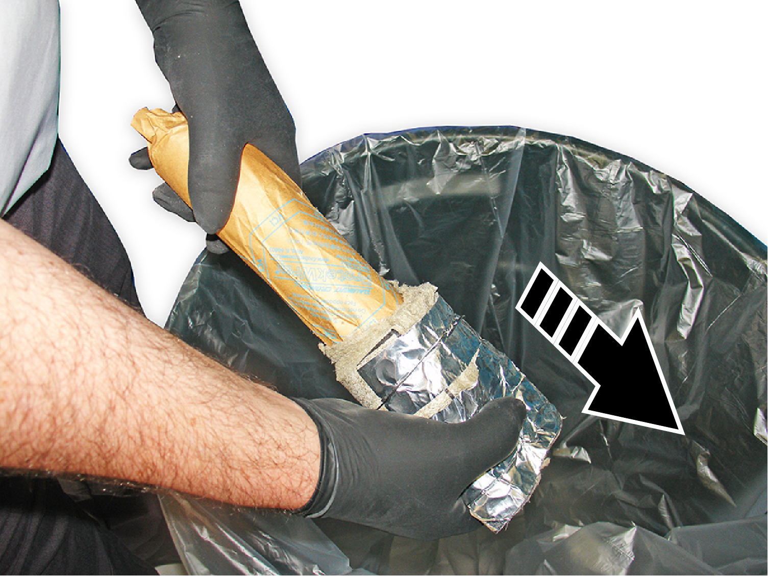 Hold the paper wrapping the inflator with one hand and slide the insulation off into the trash