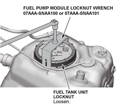 Loosen the fuel tank unit locknut using the Fuel Pump Module Locknut Wrench (T/N 07AAA-SNAA100 or 07AAA- SNAA101)