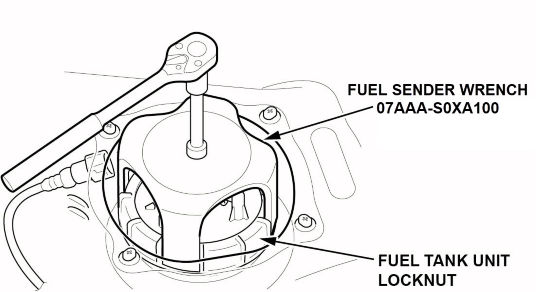 Unlock the fuel tank unit locknut using the fuel sender wrench (T/N 07AAA-S0XA100).