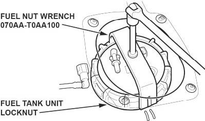 Unlock the fuel tank unit locknut using the fuel sender wrench (T/N 070AA-T0AA100).