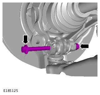 Remove and discard the nut and bolt from the front left wheel knuckle-to-lower ball joint interface