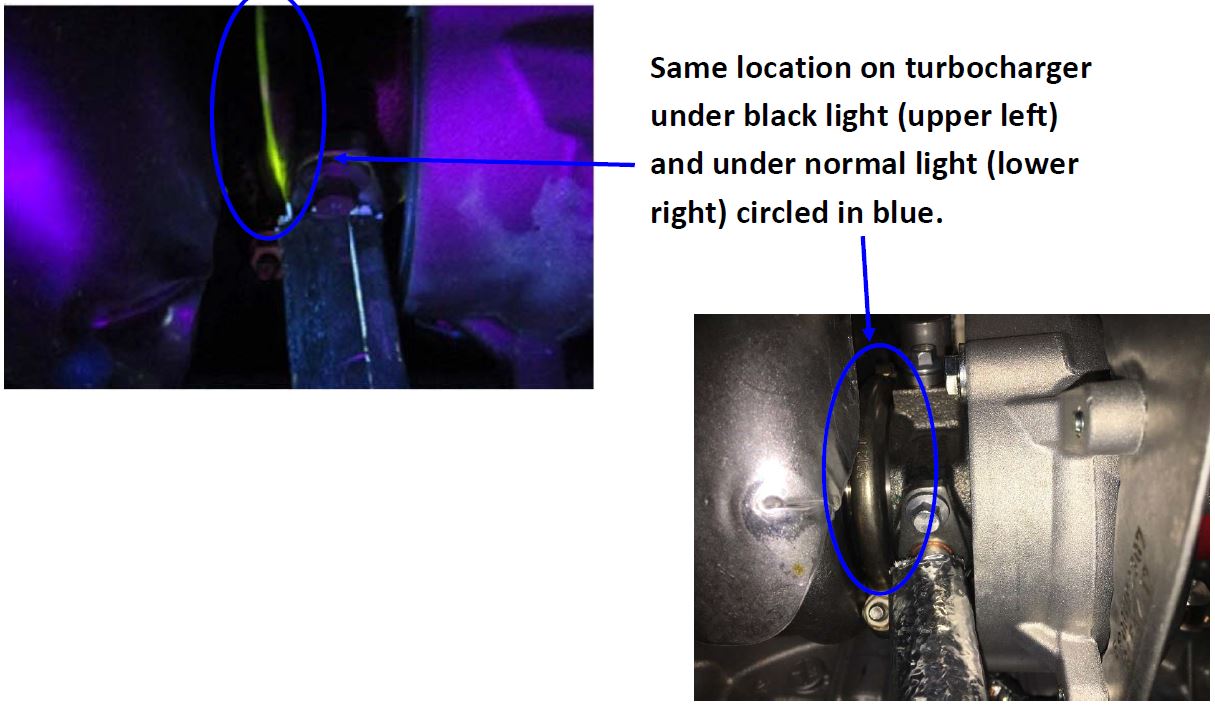 Same location on turbocharger under black light (upper left) and under normal light (lower right) circled in blue