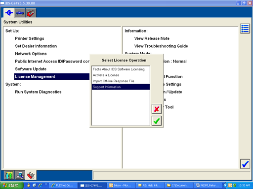 Screen Copy of System Utilities Page and select License Management and then Support Information from the dropdown list