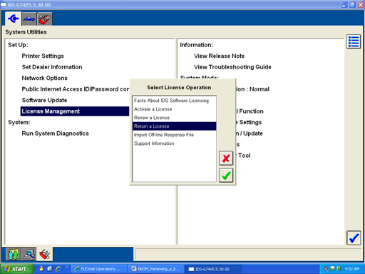 Screen Copy of Select Return a License from the dropdown menu