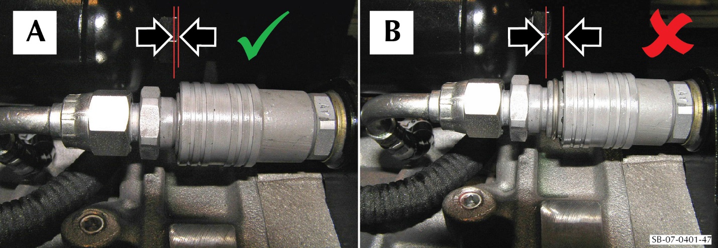 Make sure that the locking collar for the connector is in the correct position shown in view A