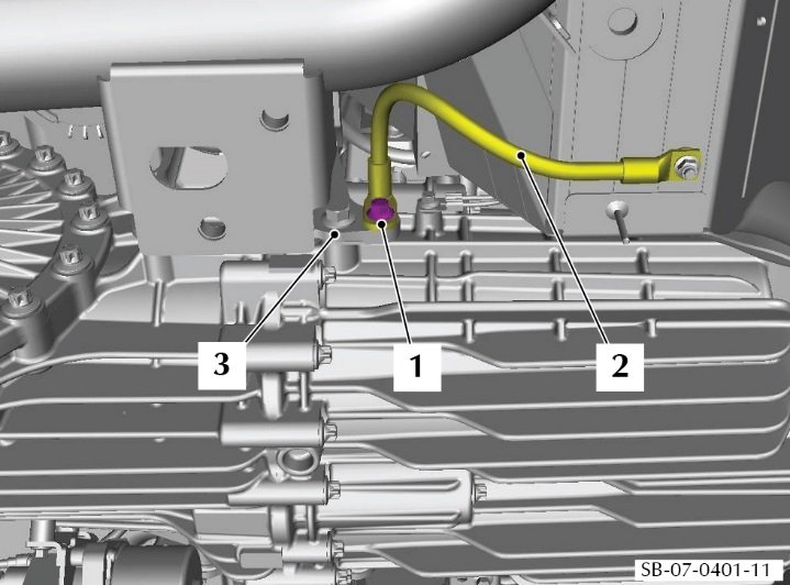 Install the bolt (1) that attaches the ground cable (2) to the transmission mount bracket (3)