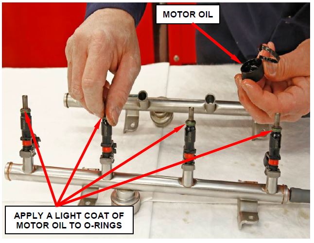 Figure 14 – Apply a light Coat of Motor Oil onto Green Fuel Injector O-Rings