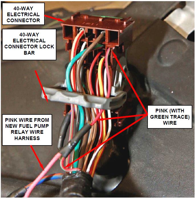 Install Pink (with Green Trace) Wire Terminal into the same cavity on the 40-Way Connector from which it was removed