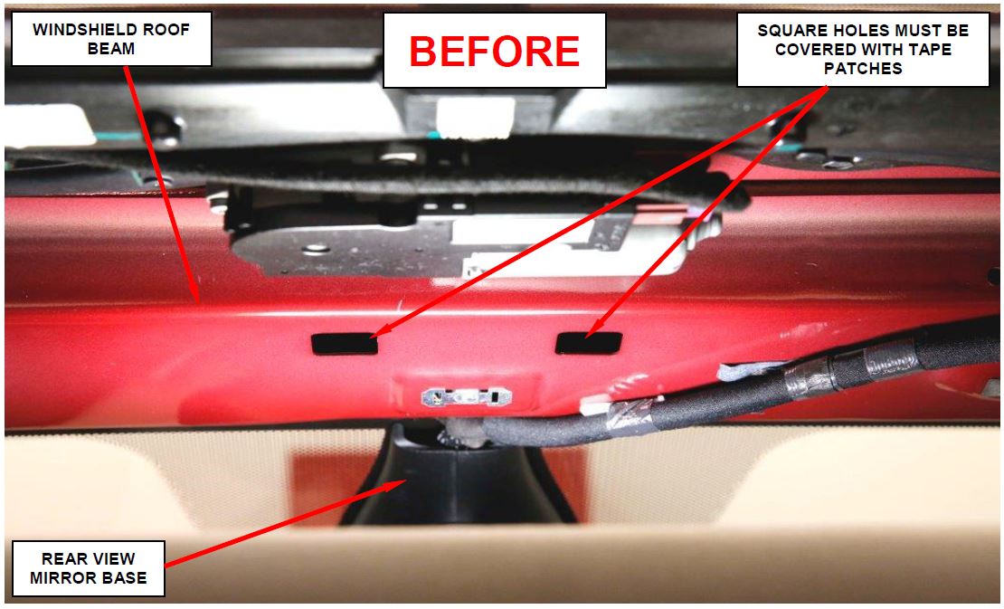 Apply One Tape Patch Over Each Square Hole in the Windshield Roof Beam (vehicle with sunroof option shown)