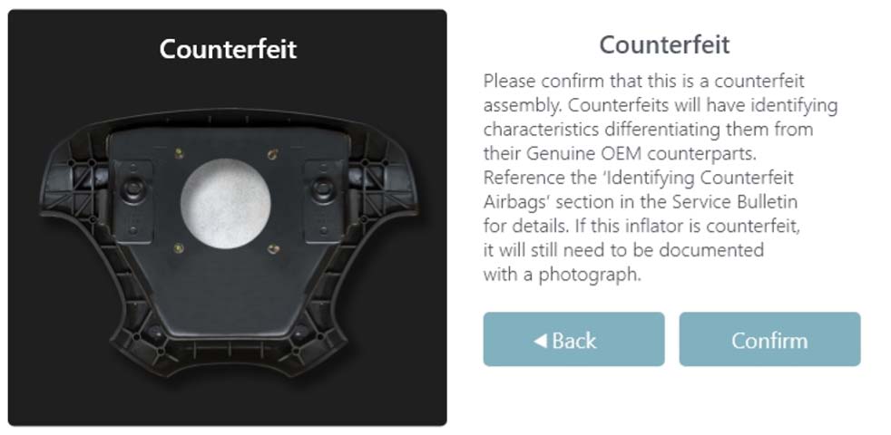 If a counterfeit airbag assembly is identified